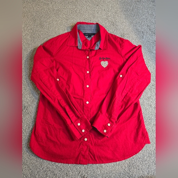 Tommy Hilfiger Love You More Sparkle Heart Small Button-down Red Preppy - Picture 1 of 8